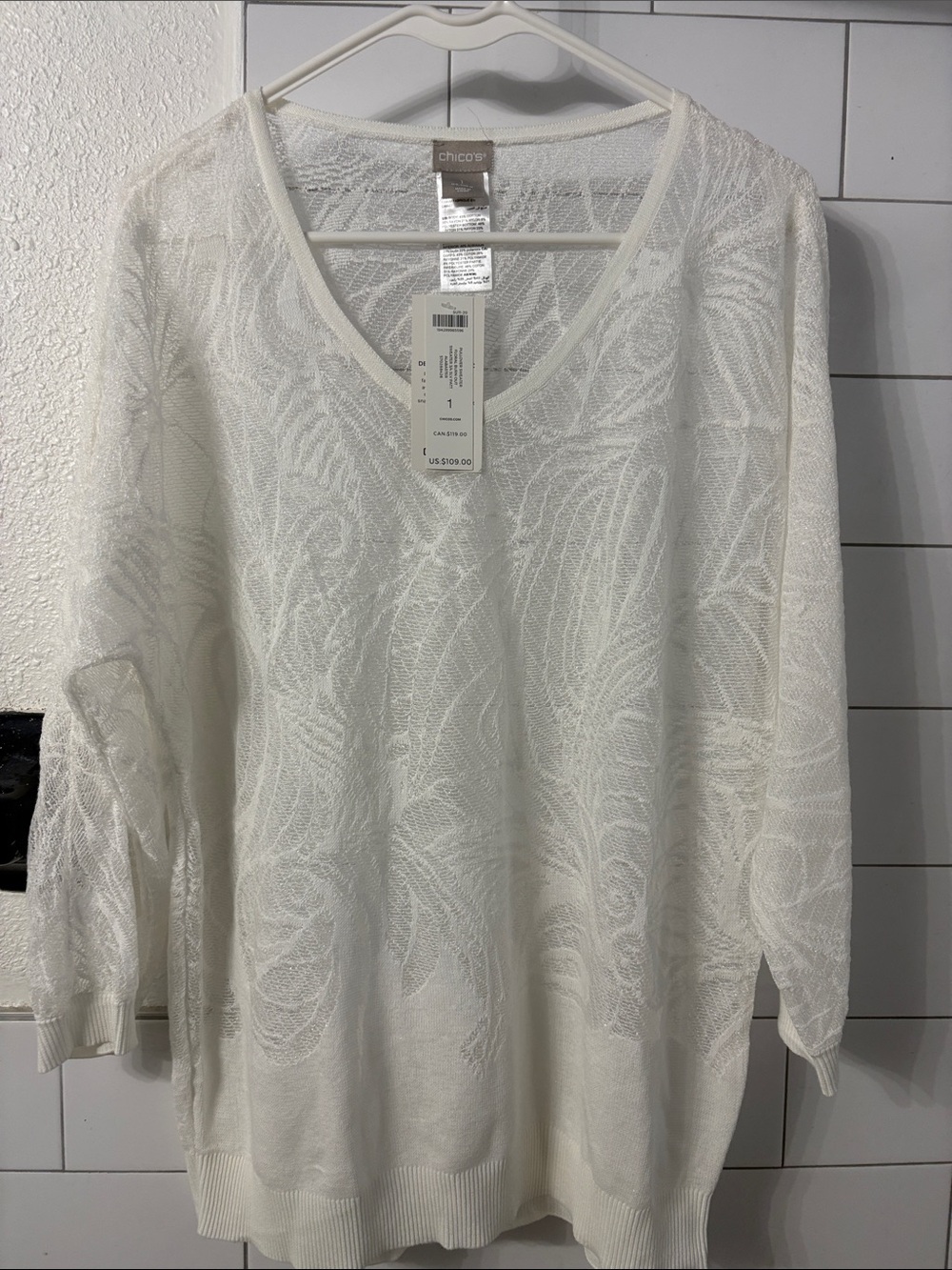 Chico's Cream Sheer Paisley-Textured V-Neck Sweater